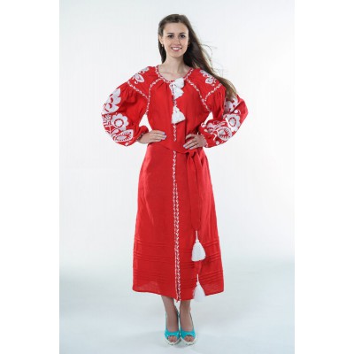 Boho Style Ukrainian Embroidered Dress "Boho Flowers" white on red 